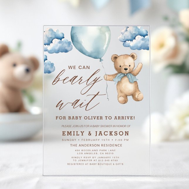 Bearly Wait Neutral Beige & Blue Boy Baby Shower Acrylic Invitations (Creator Uploaded)