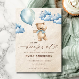 Bearly Wait Neutral Beige & Blue Boy Baby Shower Invitation