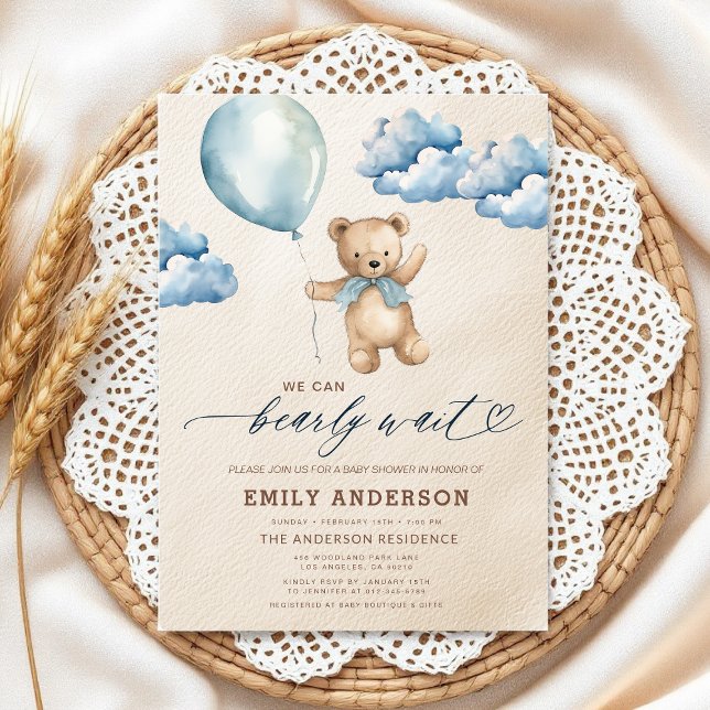 Bearly Wait Neutral Beige & Blue Boy Baby Shower Invitation (Creator Uploaded)