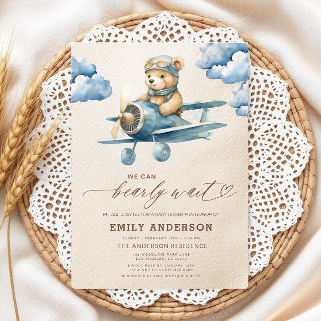 Bearly Wait Neutral Beige & Blue Boy Baby Shower Invitation (Creator Uploaded)