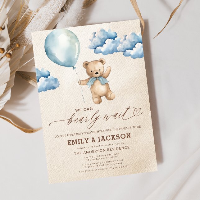 Bearly Wait Neutral Beige & Blue Boy Baby Shower Invitation (Creator Uploaded)