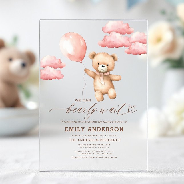 Bearly Wait Neutral Beige & Pink Girl Baby Shower Acrylic Invitations (Creator Uploaded)