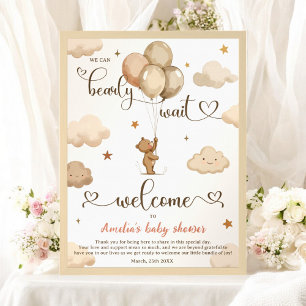 Bearly Wait Neutral Teddy Bear Balloon Baby Shower Poster