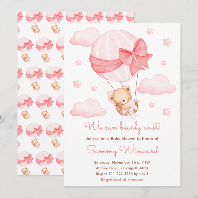 Bearly Wait Pink Balloon Girl Baby Shower Invitation (Front/Back)