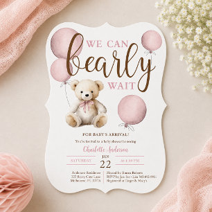 Bearly Wait Pink Balloon Teddy Bear Baby Shower Invitation