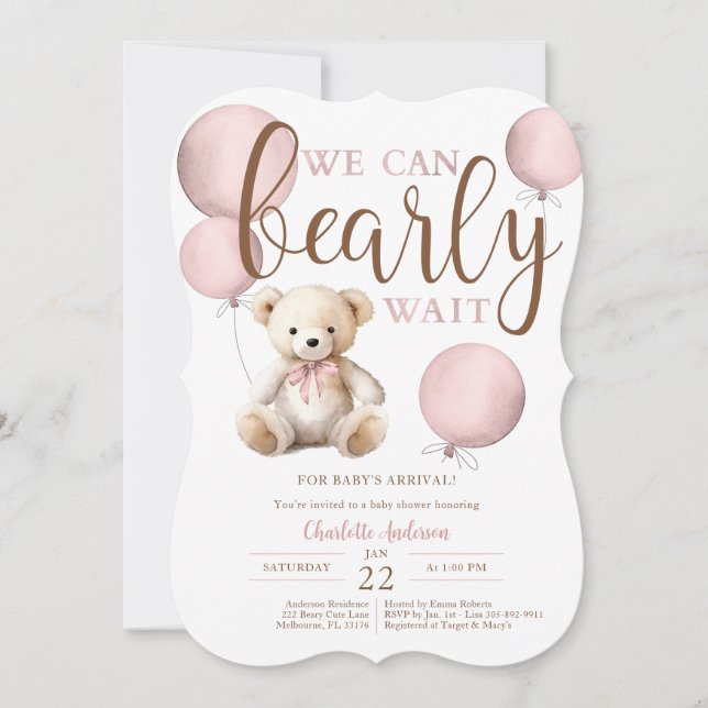 Bearly Wait Pink Balloon Teddy Bear Baby Shower Invitation (Front)