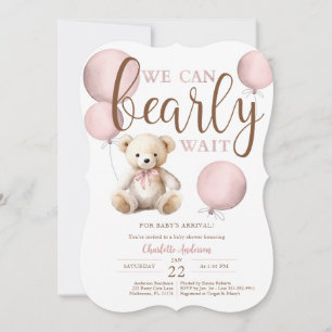 Bearly Wait Pink Balloon Teddy Bear Baby Shower Invitation