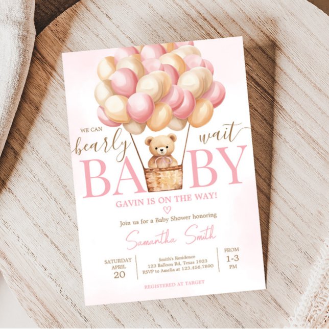 Bearly Wait Pink Hot Air Balloon Baby Shower Invitation (Girl Baby Bear Balloons Baby Shower Invitation)