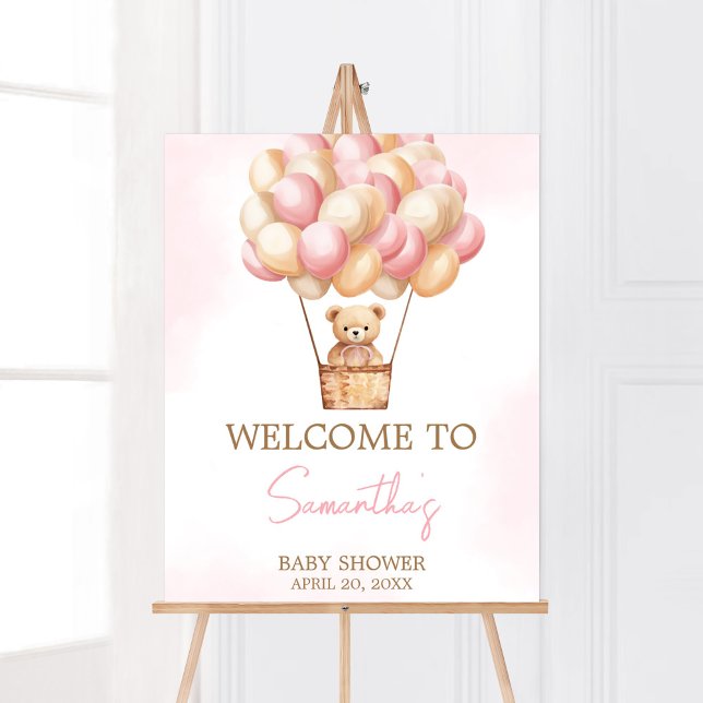Bearly Wait Pink Hot Air Balloon Baby Welcome Poster (Girl Baby Bear Balloons Baby Shower Welcome Sign)