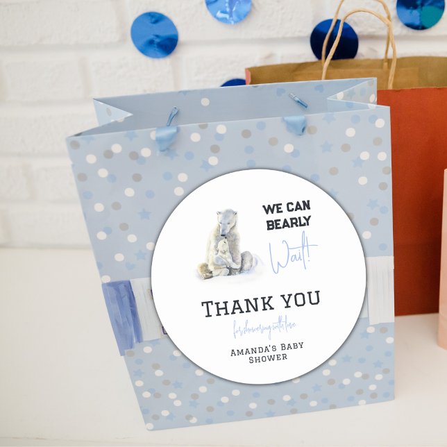 Bearly Wait Polar Bear Blue Boy Winter Baby Shower Classic Round Sticker (Creator Uploaded)