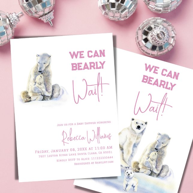 Bearly Wait Polar Bear Pink Girl Baby Shower Invitation (Creator Uploaded)