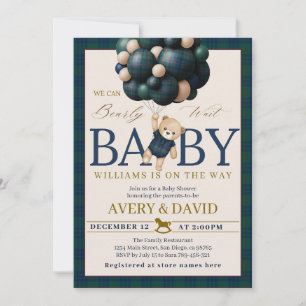 Bearly Wait Preppy Teddy Balloon Baby Shower Invitation