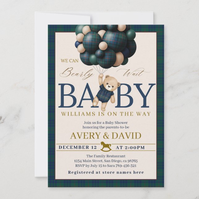 Bearly Wait Preppy Teddy Balloon Baby Shower Invitation (Front)