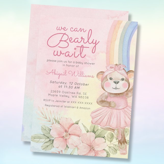 Bearly wait rainbow floral ballet bear baby shower invitation (Creator Uploaded)