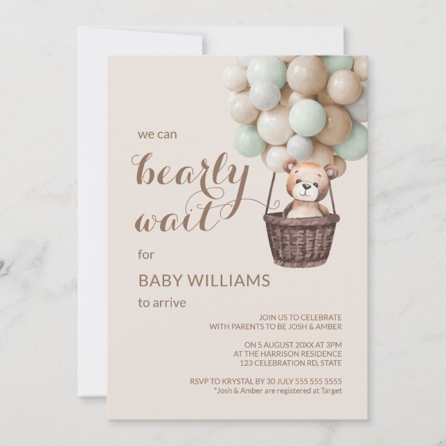 Bearly Wait Teddy Balloons Green Baby Shower  Invitation (Front)