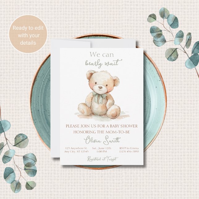 Bearly Wait Teddy Bear Baby Shower Invitation (Creator Uploaded)