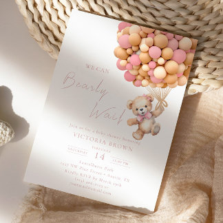 Bearly Wait Teddy Bear Baby Shower Pink Balloon Invitation