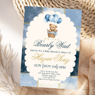 Bearly Wait Teddy Bear Balloon Blue Baby Shower Invitation