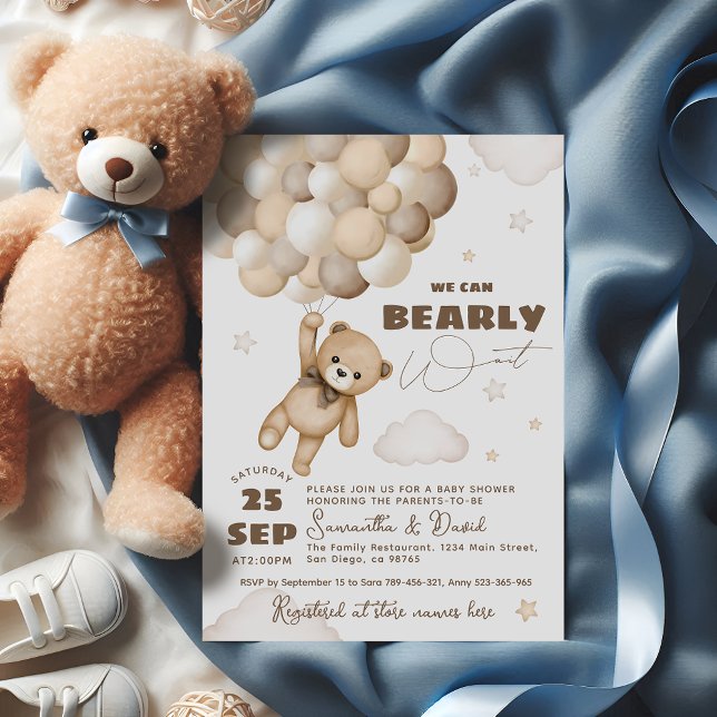 Bearly Wait Teddy Bear Balloon Gender Neutral Baby Invitation (Creator Uploaded)