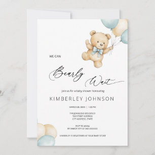 Bearly Wait Teddy Bear & Baloons Baby Shower Invitation