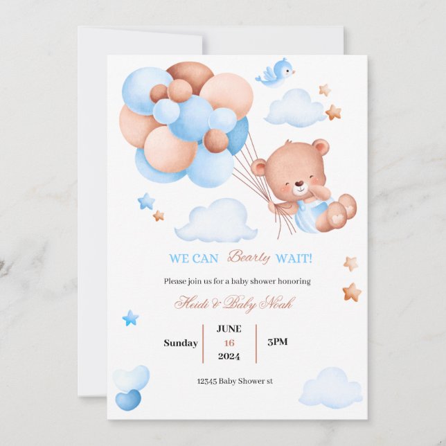 Bearly Wait Teddy Bear Blue Baby Shower Invitation (Front)