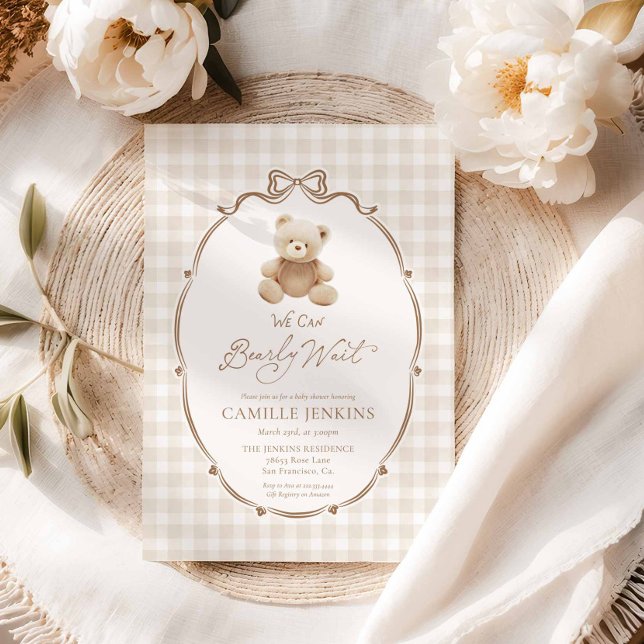 Bearly Wait Teddy Bear Gingham Baby Shower Invite (Bearly Wait Teddy Bear Baby Shower Invitation)