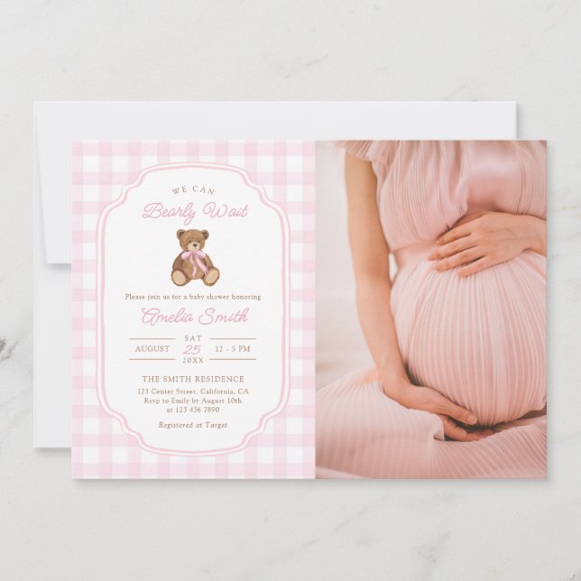 Bearly Wait Teddy Bear Girl Baby Shower Photo Invitation (Front)