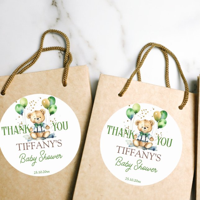Bearly wait teddy bear green baby shower favour classic round sticker (Bearly wait teddy bear baby shower green balloons thank you favor stickers cute teddy green balloons)