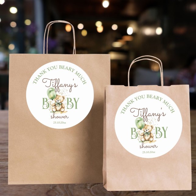 Bearly wait teddy bear green baby shower favour classic round sticker (Bearly wait teddy bear green baby shower favor sticker thank you stickers )