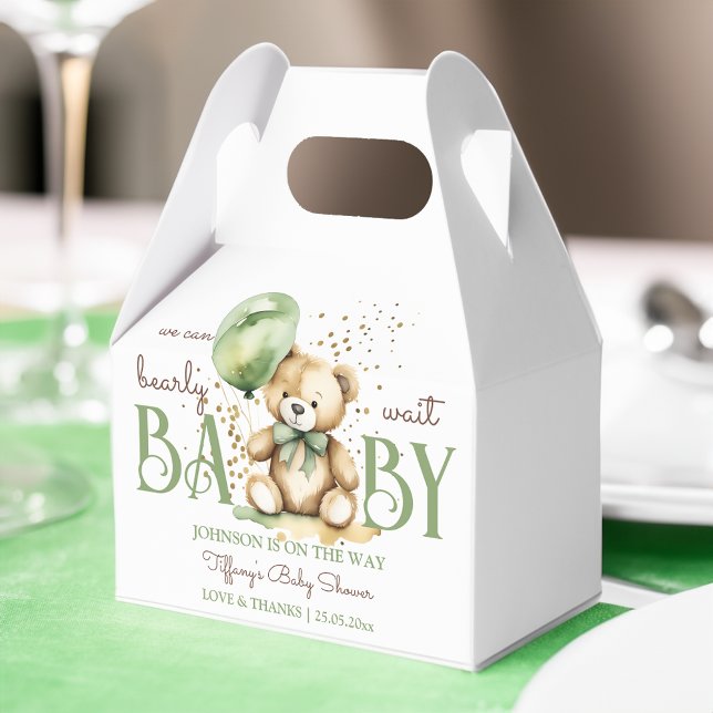 Bearly wait teddy bear green brown baby shower favour box (Bearly wait teddy bear sage green brown baby shower favors personalized printed favor boxes)