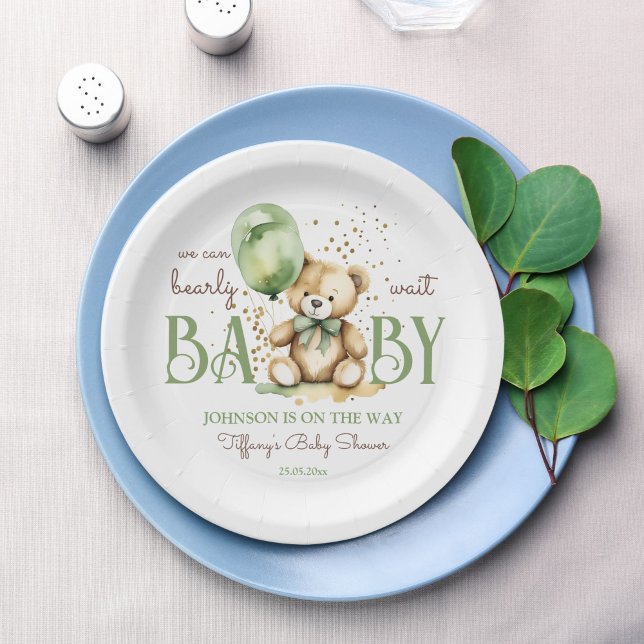 Bearly wait teddy bear green brown baby shower paper plate (Bearly wait cute teddy bear sage green brown baby shower monogram printed paper plates table decor)