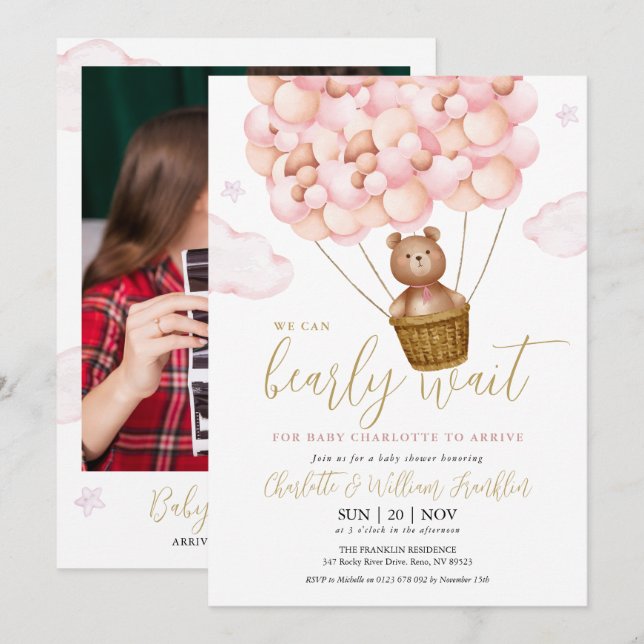 Bearly Wait Teddy Bear Photo Pink Girl Baby Shower Invitation (Front/Back)
