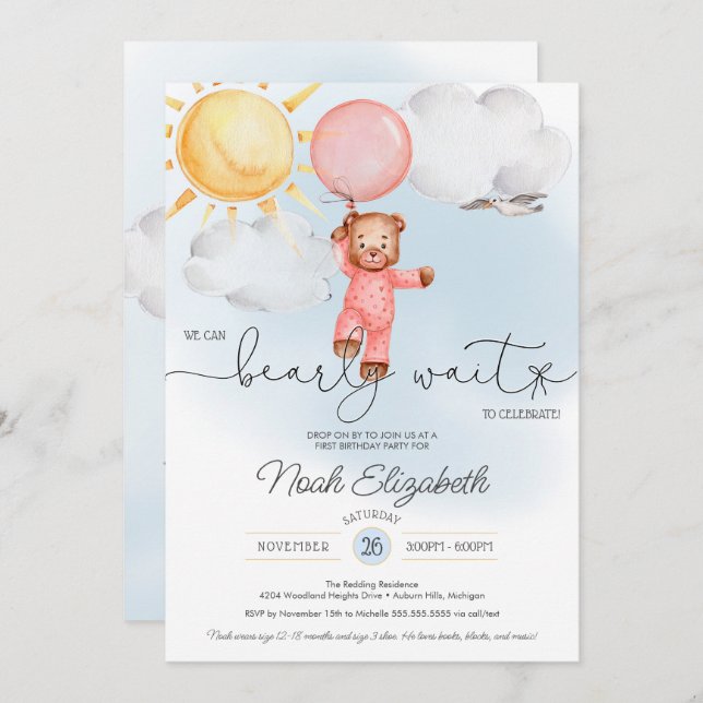Bearly Wait Teddy Bear Pink Balloon First Birthday Invitation (Front/Back)