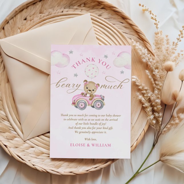 Bearly Wait Teddy Bear Pink Girl Baby Shower Thank You Card (Creator Uploaded)