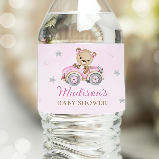 Bearly Wait Teddy Bear Pink Girl Baby Shower Water Bottle Label (Creator Uploaded)