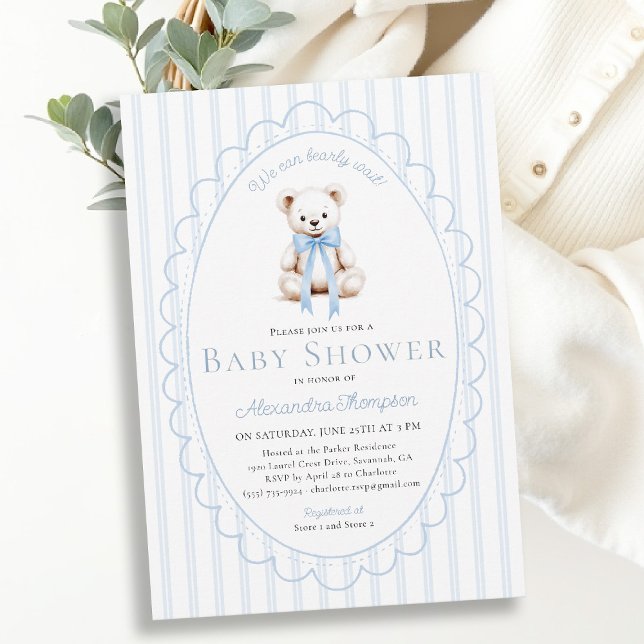 Bearly Wait Teddy Blue Stripes Bow Baby Shower Invitation (bearly wait baby shower invitation traditional classic nursery decor blue stripes teddy bear bow )