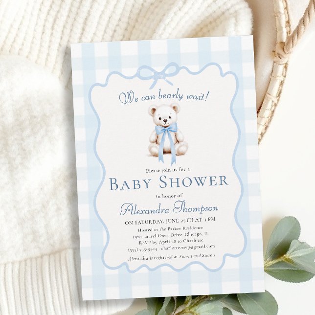 Bearly Wait Teddy Bow Blue Gingham Baby Shower Invitation (bearly wait baby shower invitation traditional classic nursery decor blue gingham teddy bear bow)