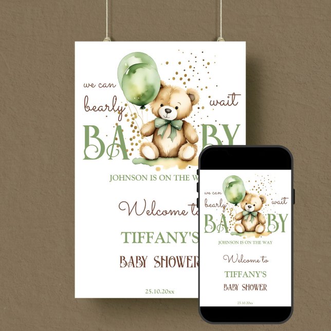 Bearly wait teddy green baby shower welcome sign (Bearly wait sage green teddy bear baby shower welcome sign editable template poster digital download)