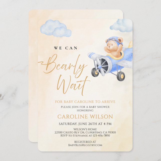 Bearly Wait Watercolor Teddy Bear Flying Baby Show Invitation (Front/Back)