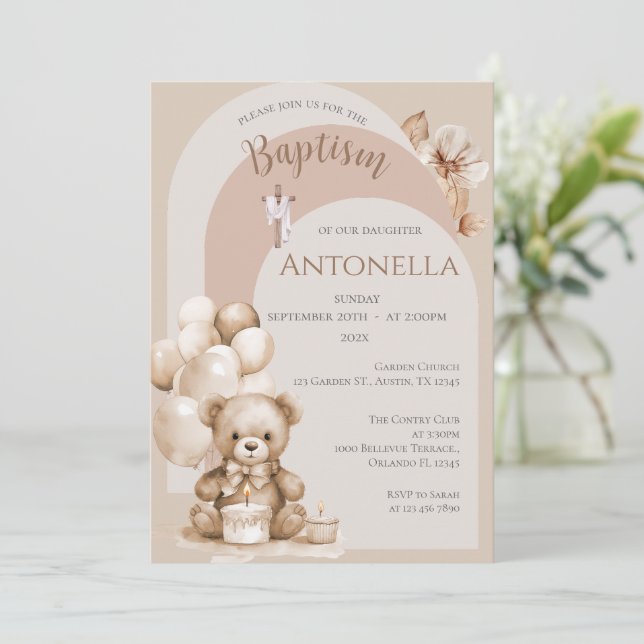 Bears and Balloons Girl Baptism Invitation (Standing Front)