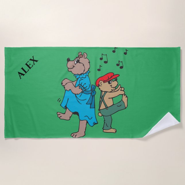 BEARS dancing beach towel for kids. Custom name. (Front)