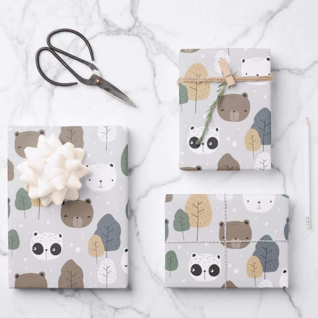 Bears In The Forest Pattern Panda Teddy Polar Bear Wrapping Paper Sheet (Front)