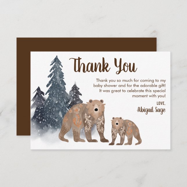 Bears in Winter Forest Scandi Neutral Baby Shower Thank You Card (Front/Back)