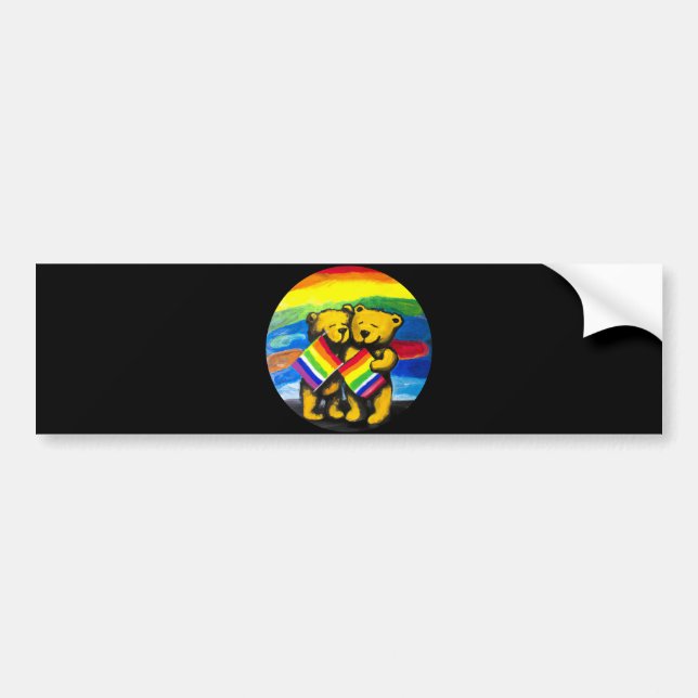 Bears Love Couple LGBT Rainbow Flag Bumper Sticker (Front)