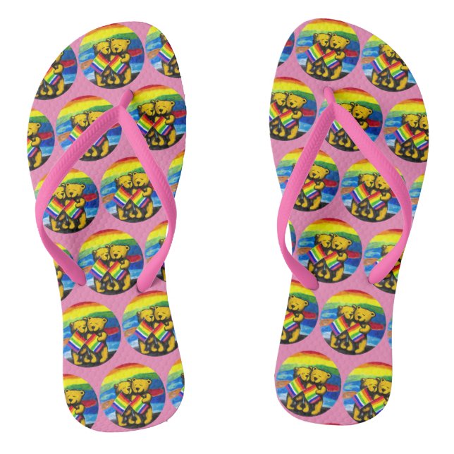 Bears Love Couple LGBT Rainbow Flag Jandals (Footbed)