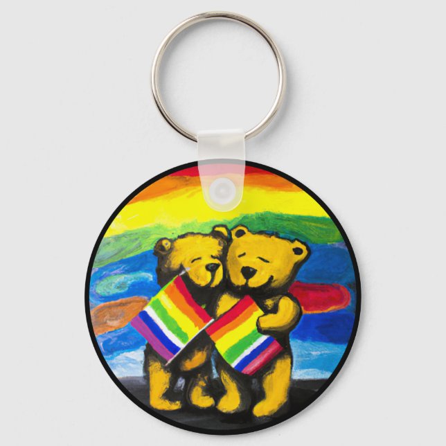 Bears Love Couple LGBT Rainbow Flag Key Ring (Front)