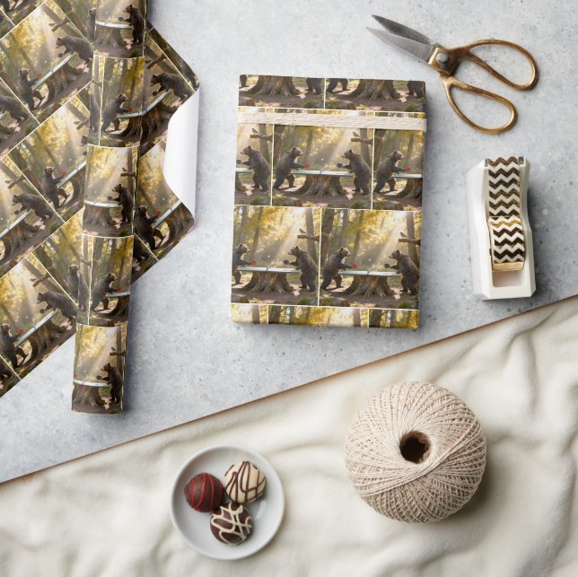 Bears Playing Ping Pong in a Forest Wrapping Paper (Crafts)