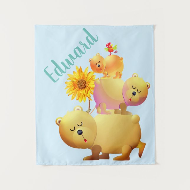 Bears, Rooster & Sunflower Tower Tapestry (Front)