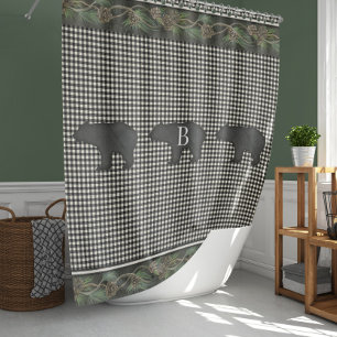 Bears Rustic Mountain Cabin Black White Pine Cones Shower Curtain