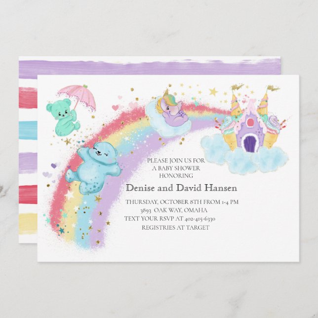 Bears , Unicorn and Rainbow Baby Shower Invitation (Front/Back)